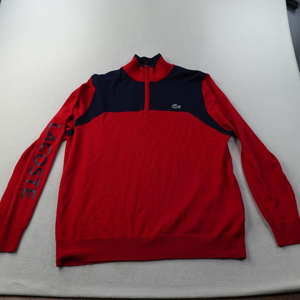 Lacoste Sport Wool 1/4 Zip Sweater Mens XL Blue Red Colorblock Croc Mock Neck